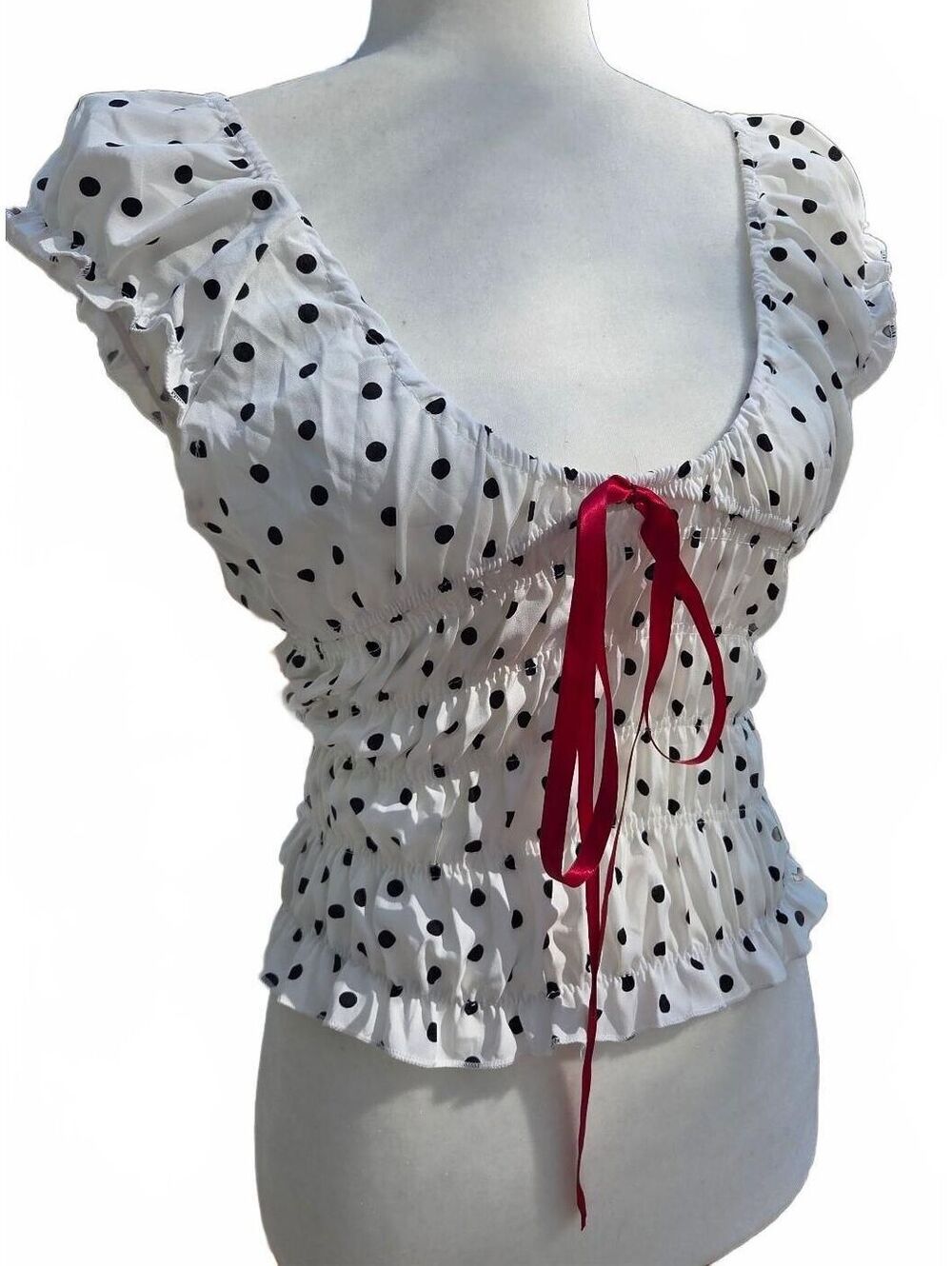 Retro 90s Y2K Smocked Ruffle Cap Sleeve Sweetheart Blouse Coquette Pin Up S/M